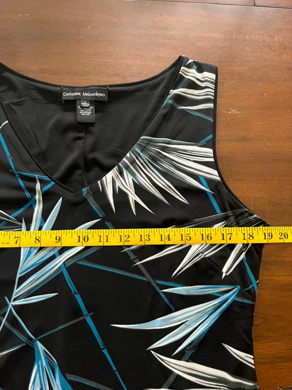 Catherine Malandrino Large Sleeveless Black Dress Blue and White Tropical Print - Picture 4 of 4